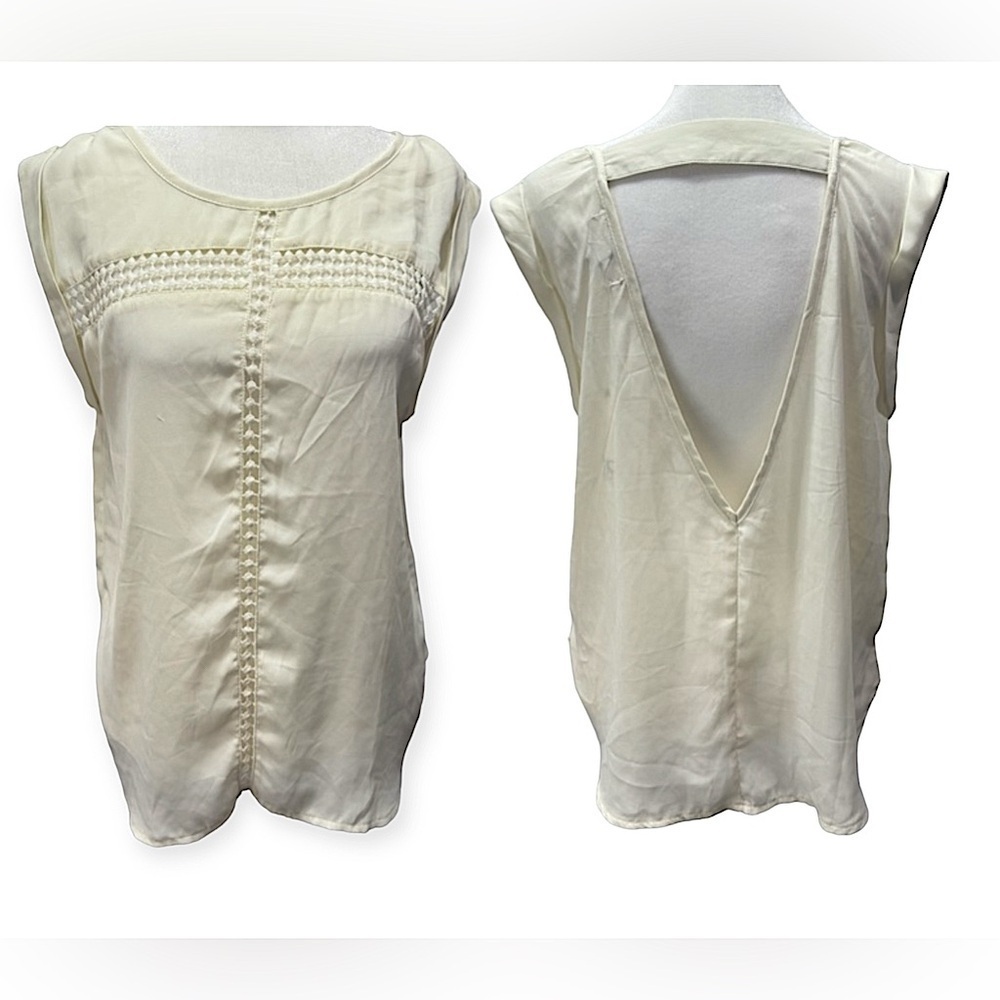 Silk Blend Sleeveless Backless Cream Blouse with Lace Cutouts by Ya Los Angeles